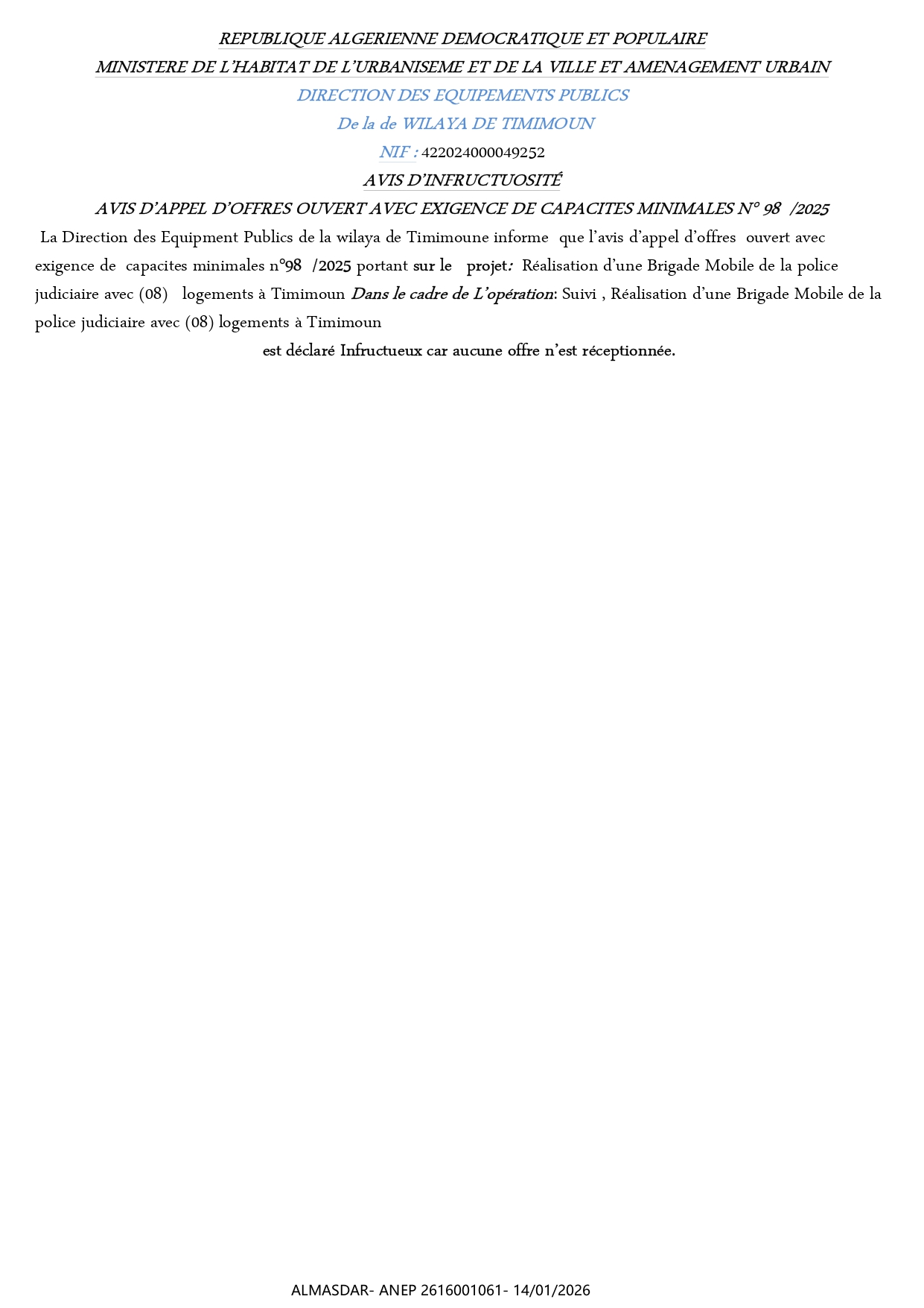 *AVIS D’INFRUCTUOSITÉ 