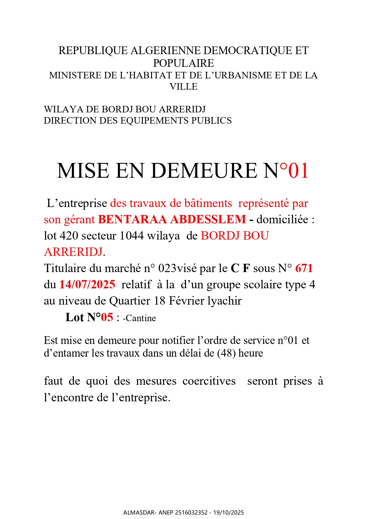 MISE EN DEMEURE N01