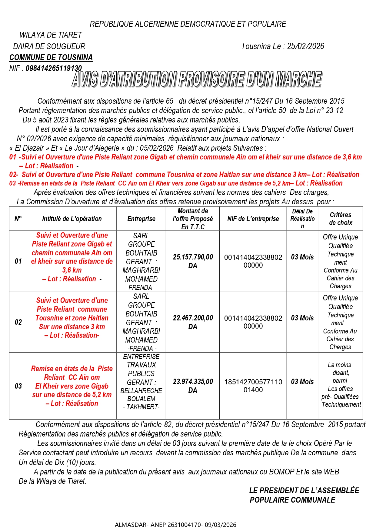 AVIS D'ATTRIBUTION PROVISOIRE D'UN MARCHE-*-*