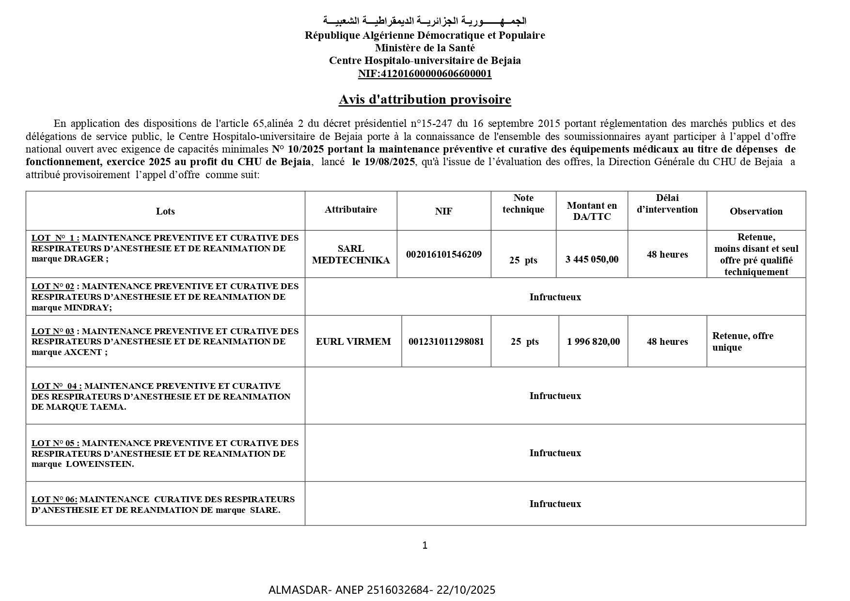 Avis d'attribution provisoire  .