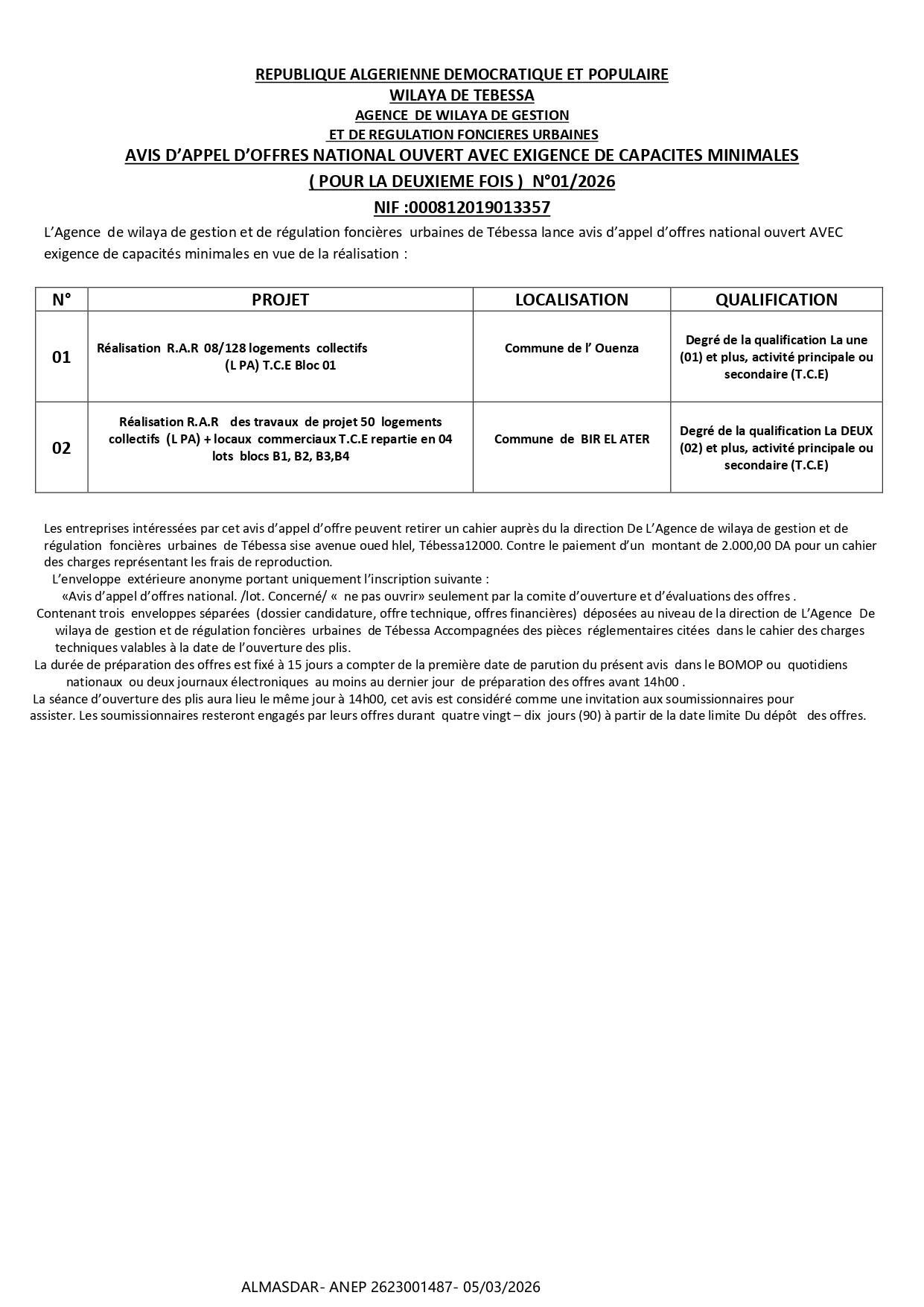 AVIS D’APPEL D’OFFRES NATIONAL OUVERT AVEC EXIGENCE DE CAPACITES MINIMALES    ( POUR LA DEUXIEME FOIS )  N°01/2026