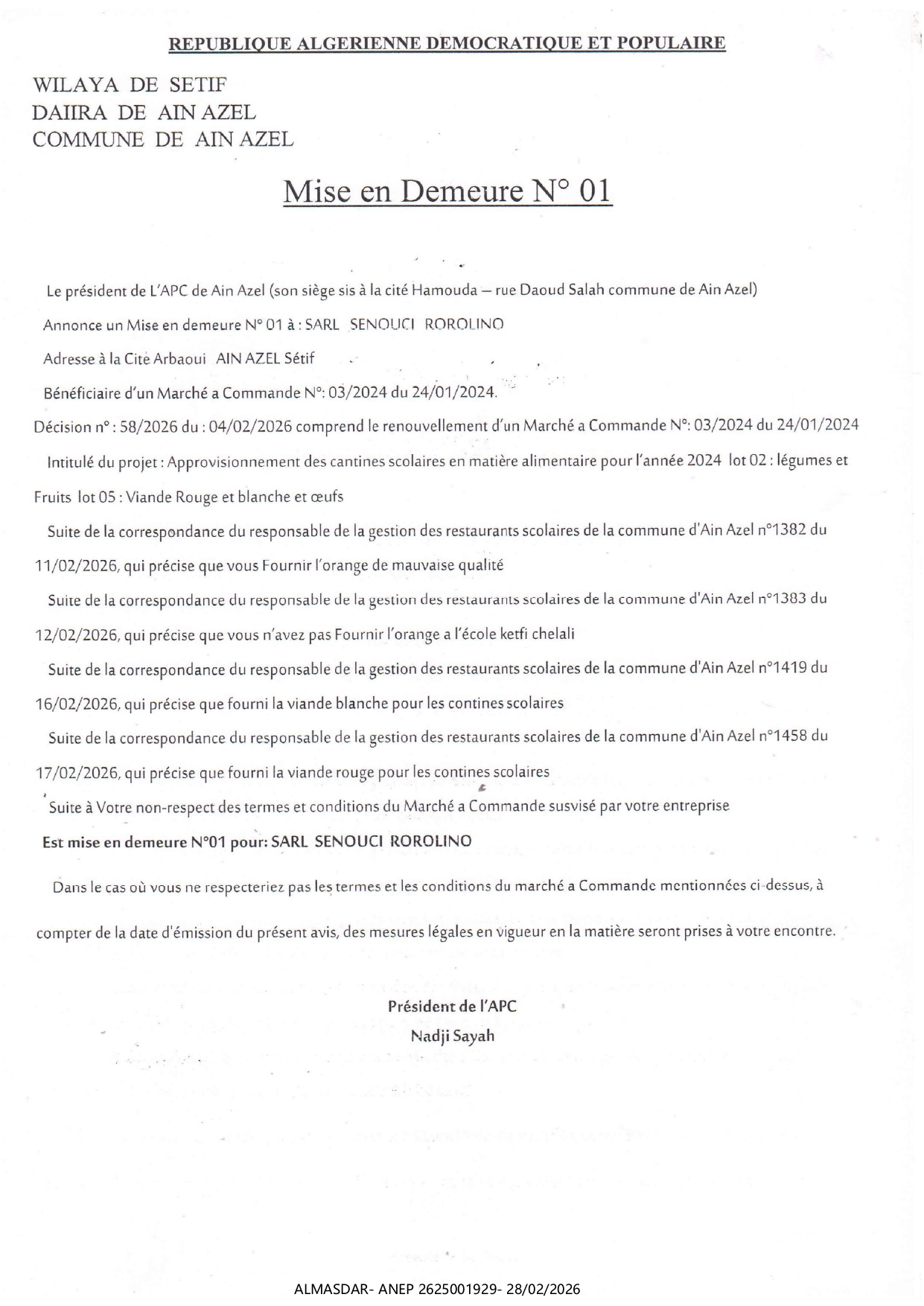 -MISE EN DEMEURE N °01