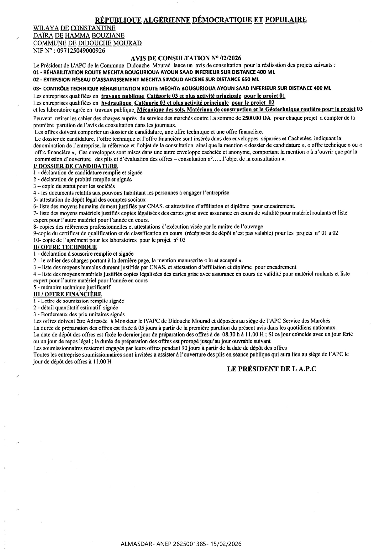 AVIS DE CONSULTATION N 02/2026