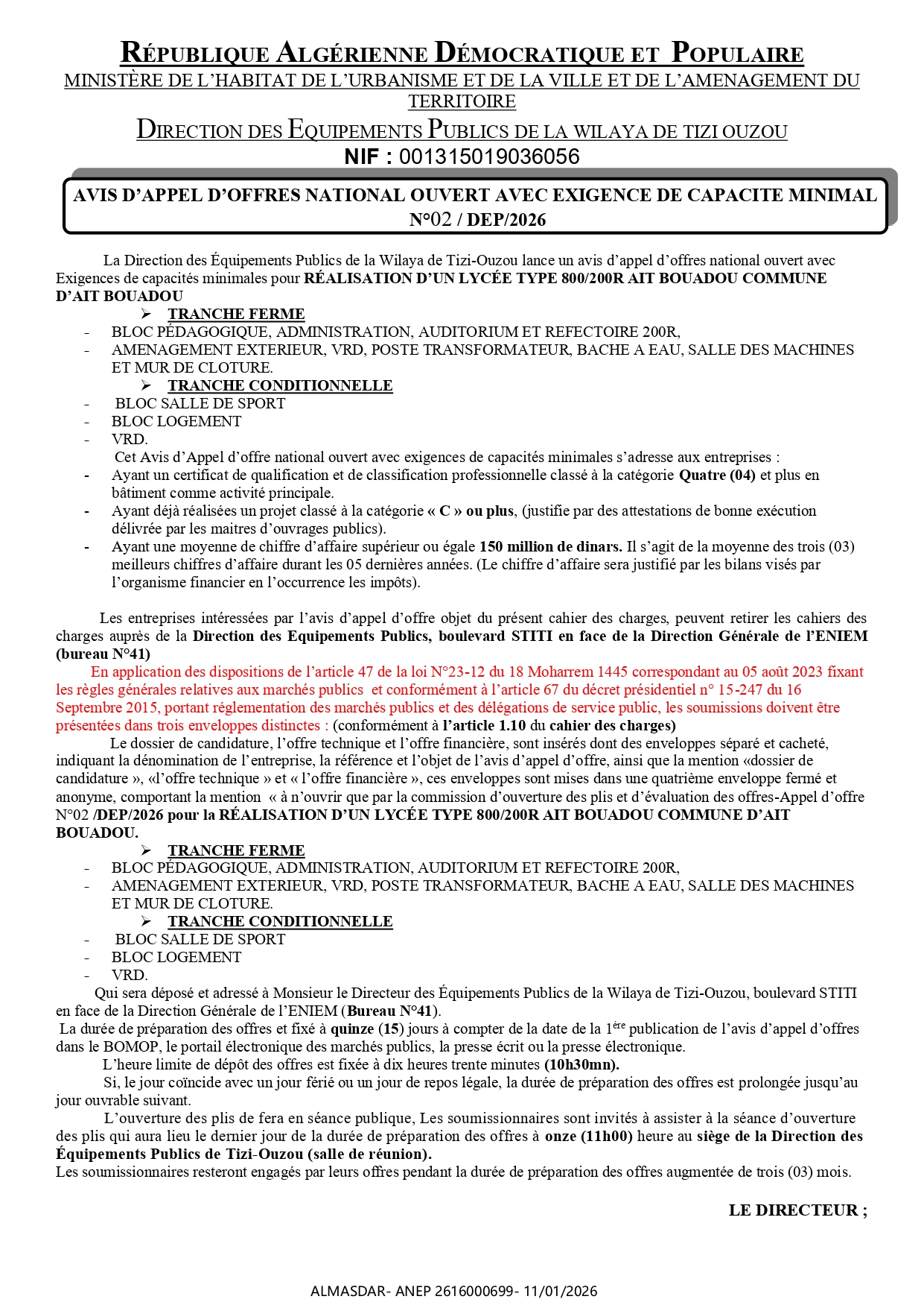 AVIS D’APPEL D’OFFRES NATIONAL OUVERT AVEC EXIGENCE DE CAPACITE MINIMAL    N°02 / DEP/2026 