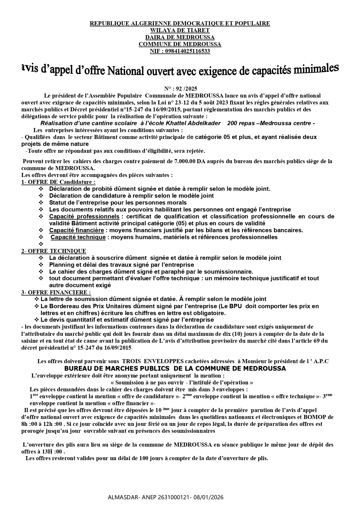 AVIS D'APPEL D'OFFRE NATIONAL OUVERT AVEC EXIGENCVµCE DE CAPACITES MINIMALES N 92/2025