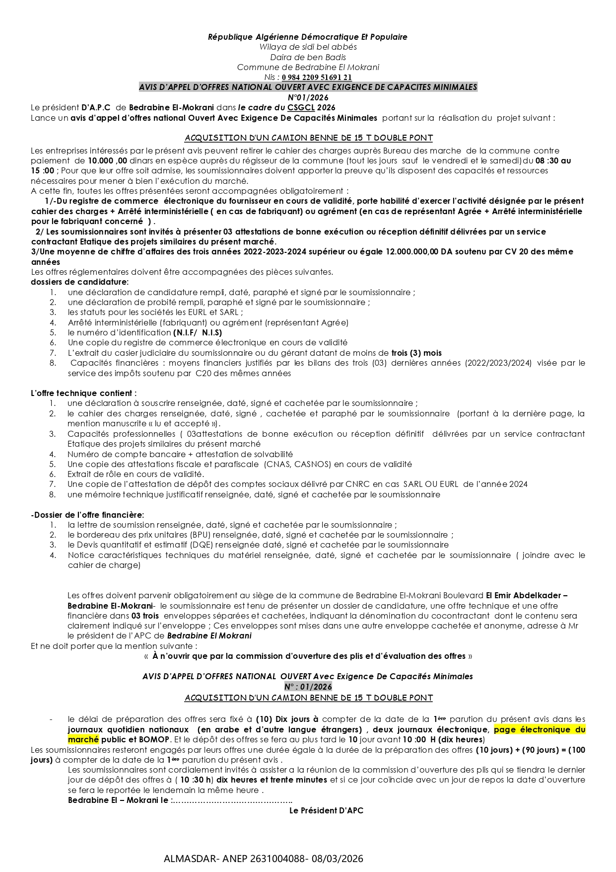AVIS D’APPEL D’OFFRES NATIONAL OUVERT AVEC EXIGENCE DE CAPACITES MINIMALES  N°01/2026