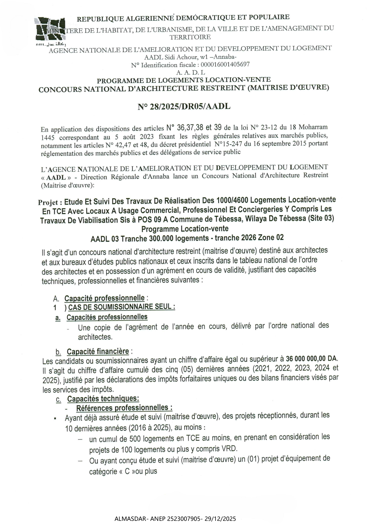 CONCOURS NATIONAL D'architecture restreint n 28/2025