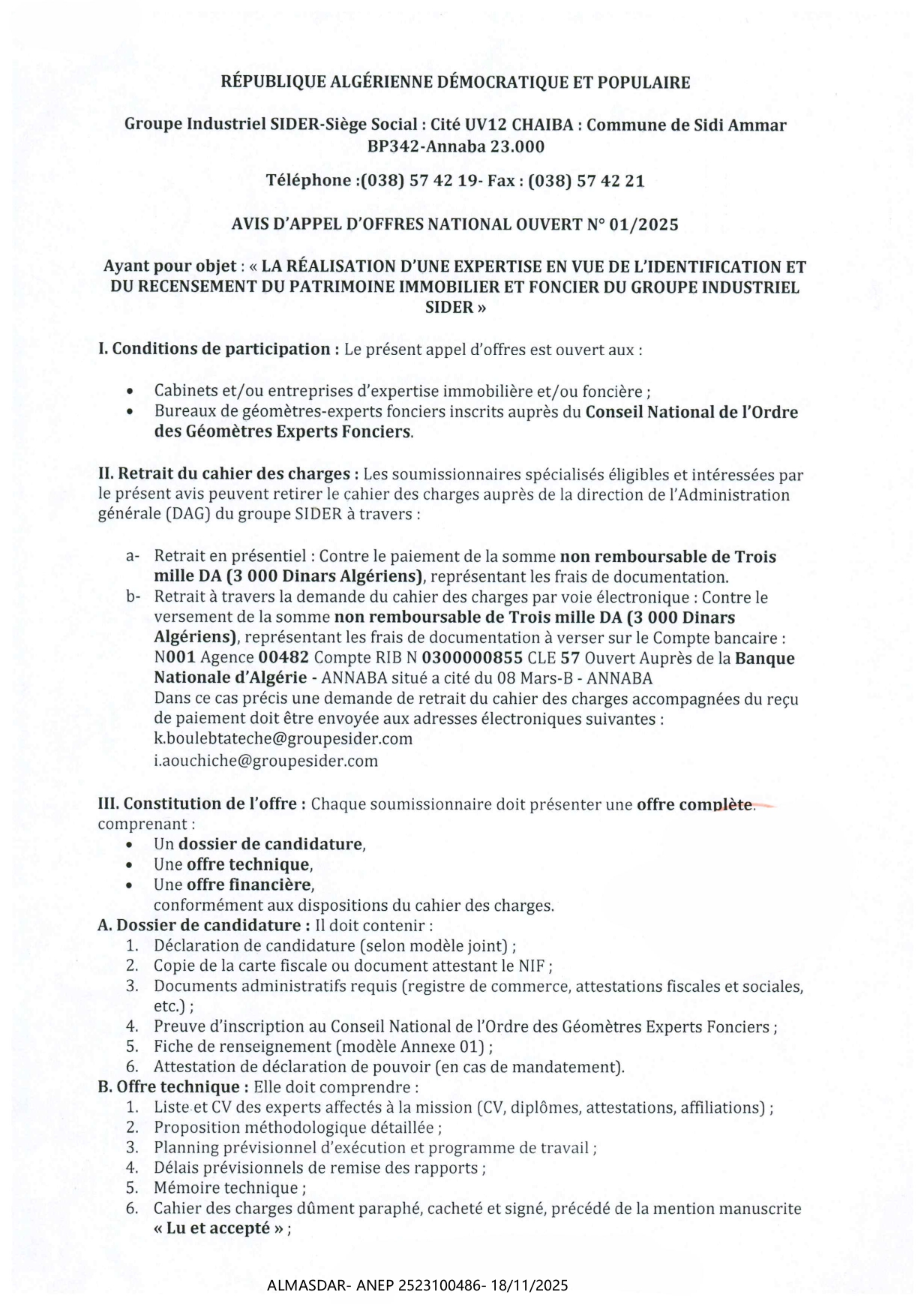 AVIS D'APPEL D'OFFRES NATIONAL OUVERT N 2025/01