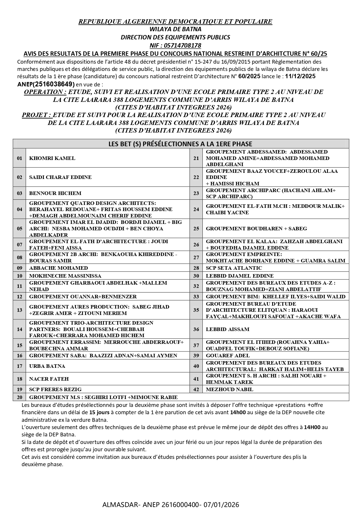 AVIS DES RESULTATS DE LA PREMIERE PHASE DU CONCOURS NATIONAL RESTREINT D’ARCHITCTURE N° 60/25 
