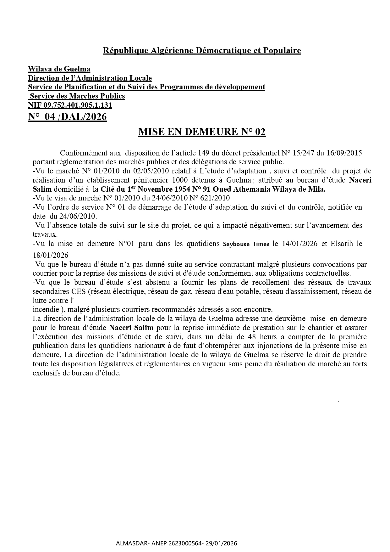 MISE EN DEMEURE N° 02*