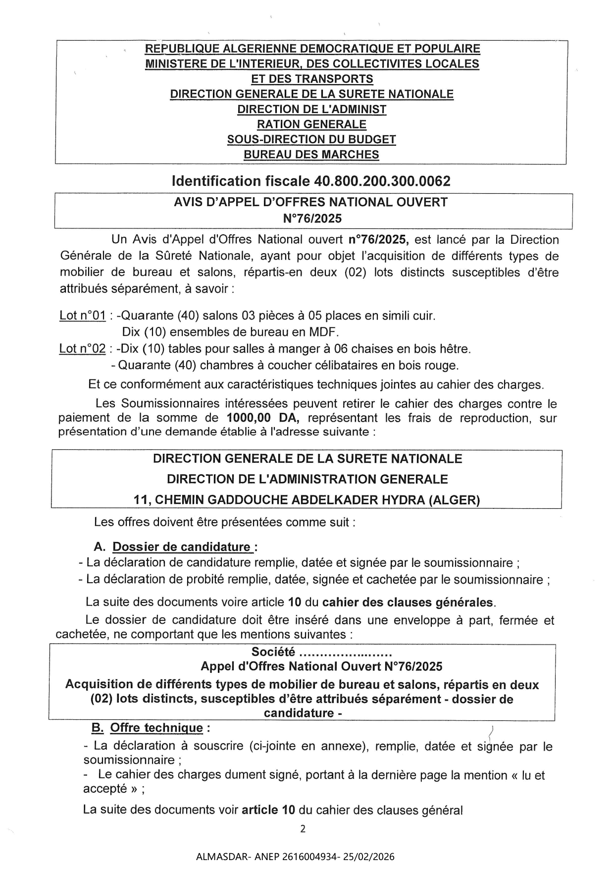 AVIS D'APPEL D'OFFRES NATIONAL OUVERT N 76/2025