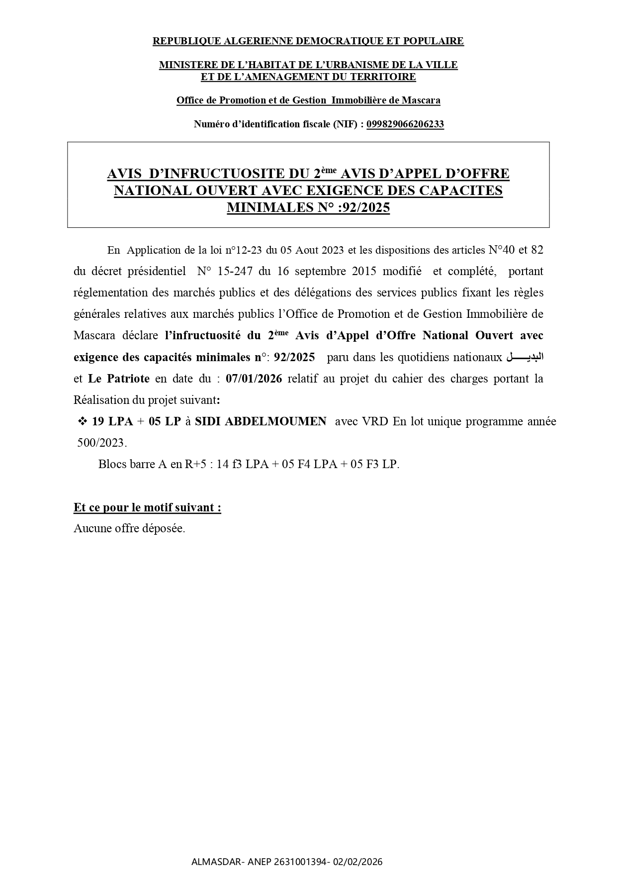 AVIS  D’INFRUCTUOSITE DU 2ème AVIS D’APPEL D’OFFRE   NATIONAL OUVERT AVEC EXIGENCE DES CAPACITES  MINIMALES N° :92/2025 