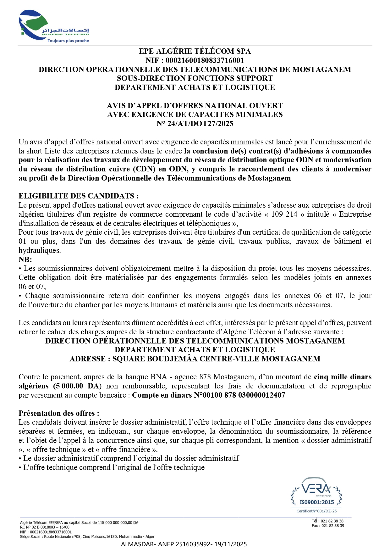 AVIS D’APPEL D’OFFRES NATIONAL OUVERT   AVEC EXIGENCE DE CAPACITES MINIMALES   N° 24/AT/DOT27/2025 