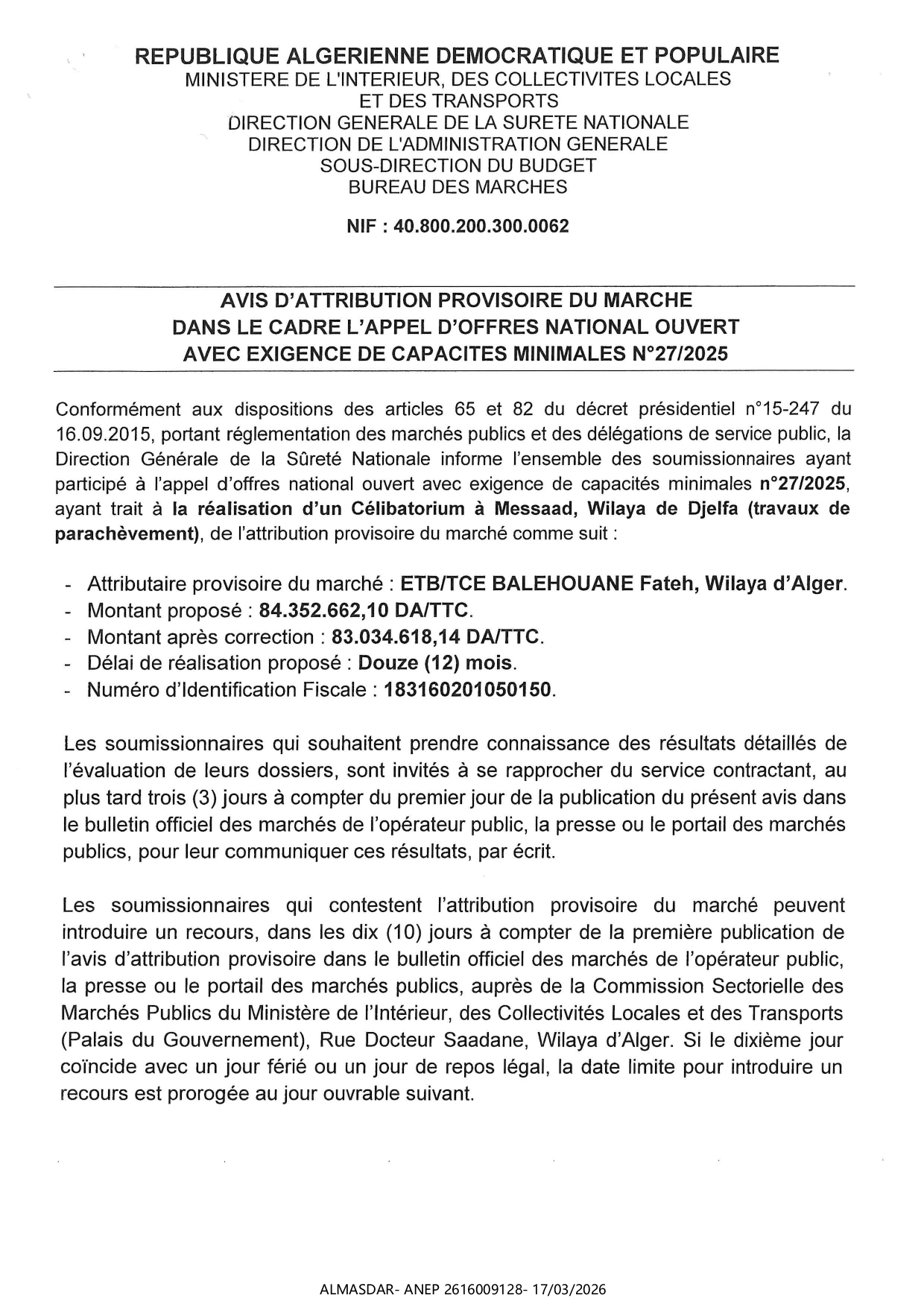  l'appel d'offres national ouvert avec exigence de capacites minimales n 27/2025avis d'attribution provisoire du marche dans le cadre 