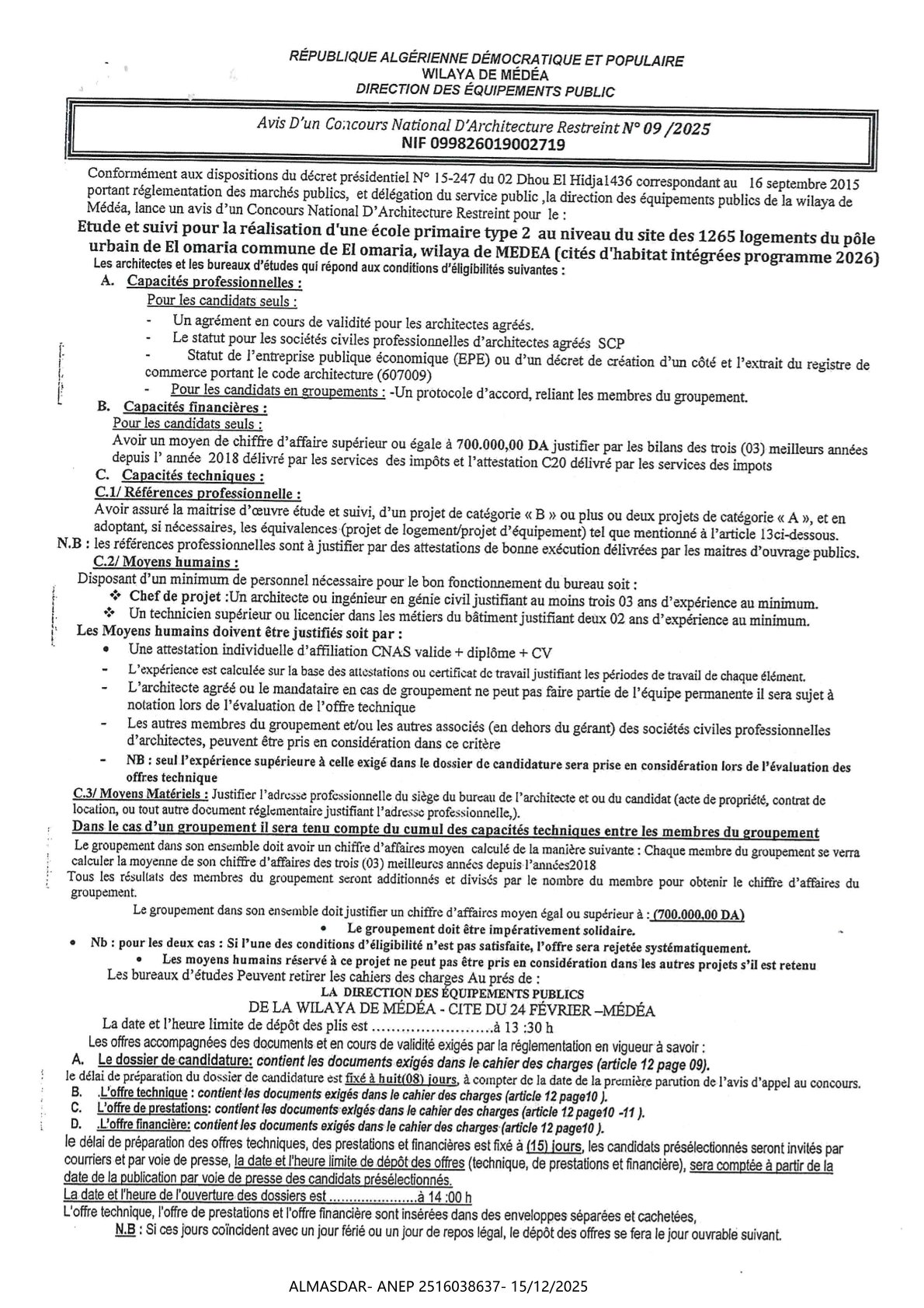 avis d'un concours national d'architecture restreint n 2025/09