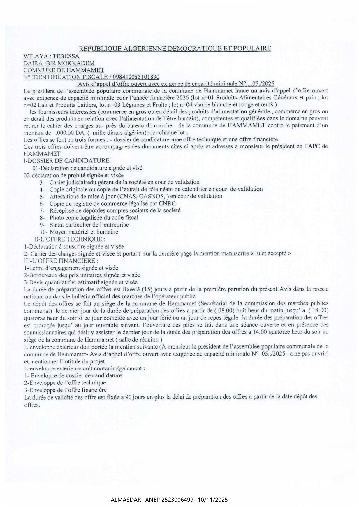 Avis d'appel d'offre ouvert avec eigence de capacite minimales n 2025/05