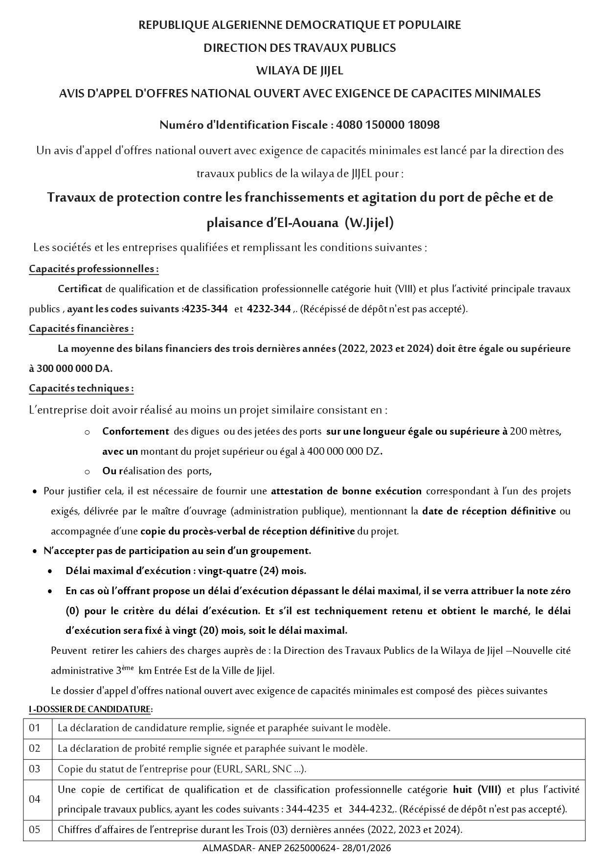 AVIS D'APPEL D'OFFRES NATIONAL OUVERT AVEC EXIGENCE DE CAPACITES MINIMALES */