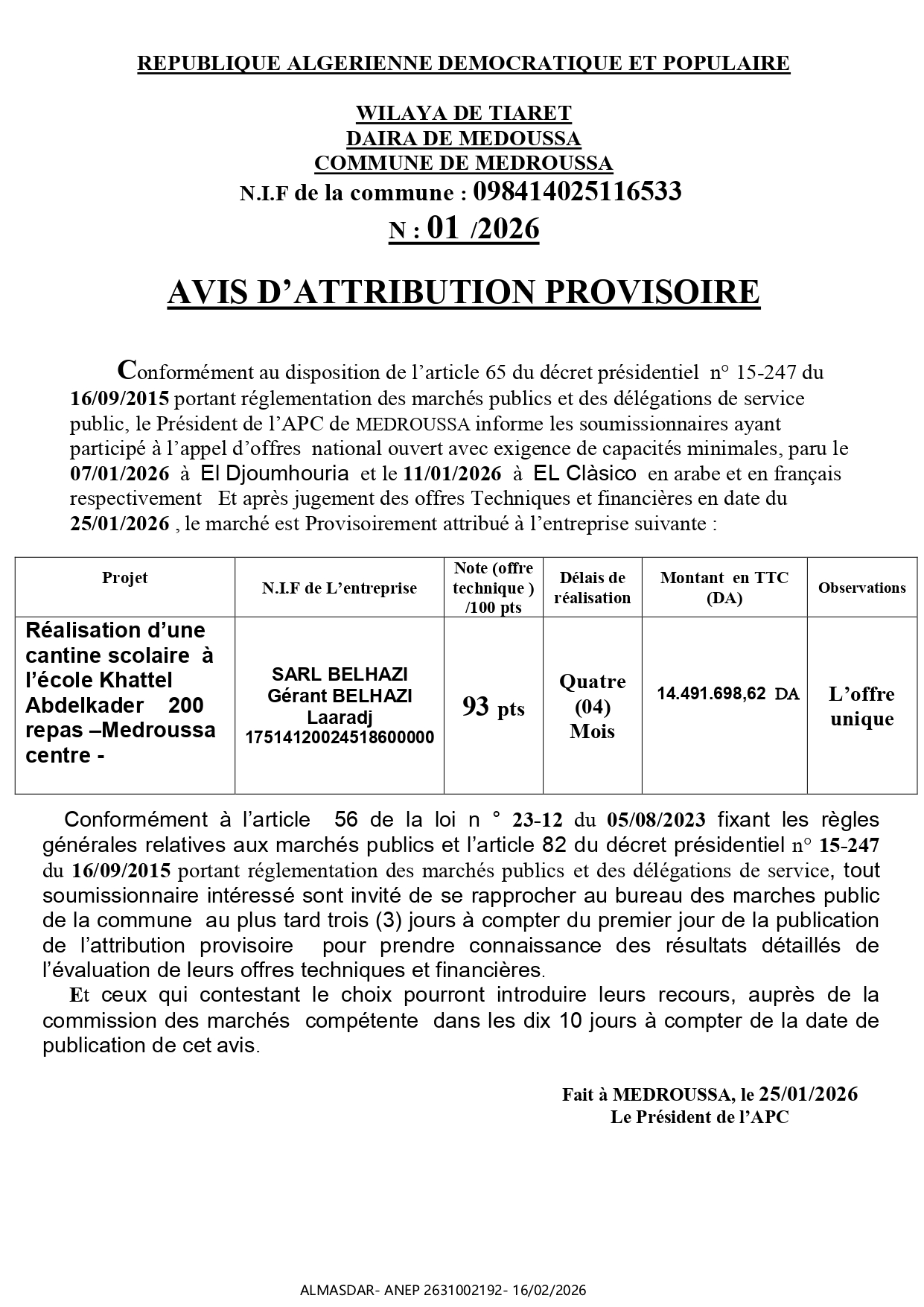 N : 01 /2026  AVIS D’ATTRIBUTION PROVISOIRE  