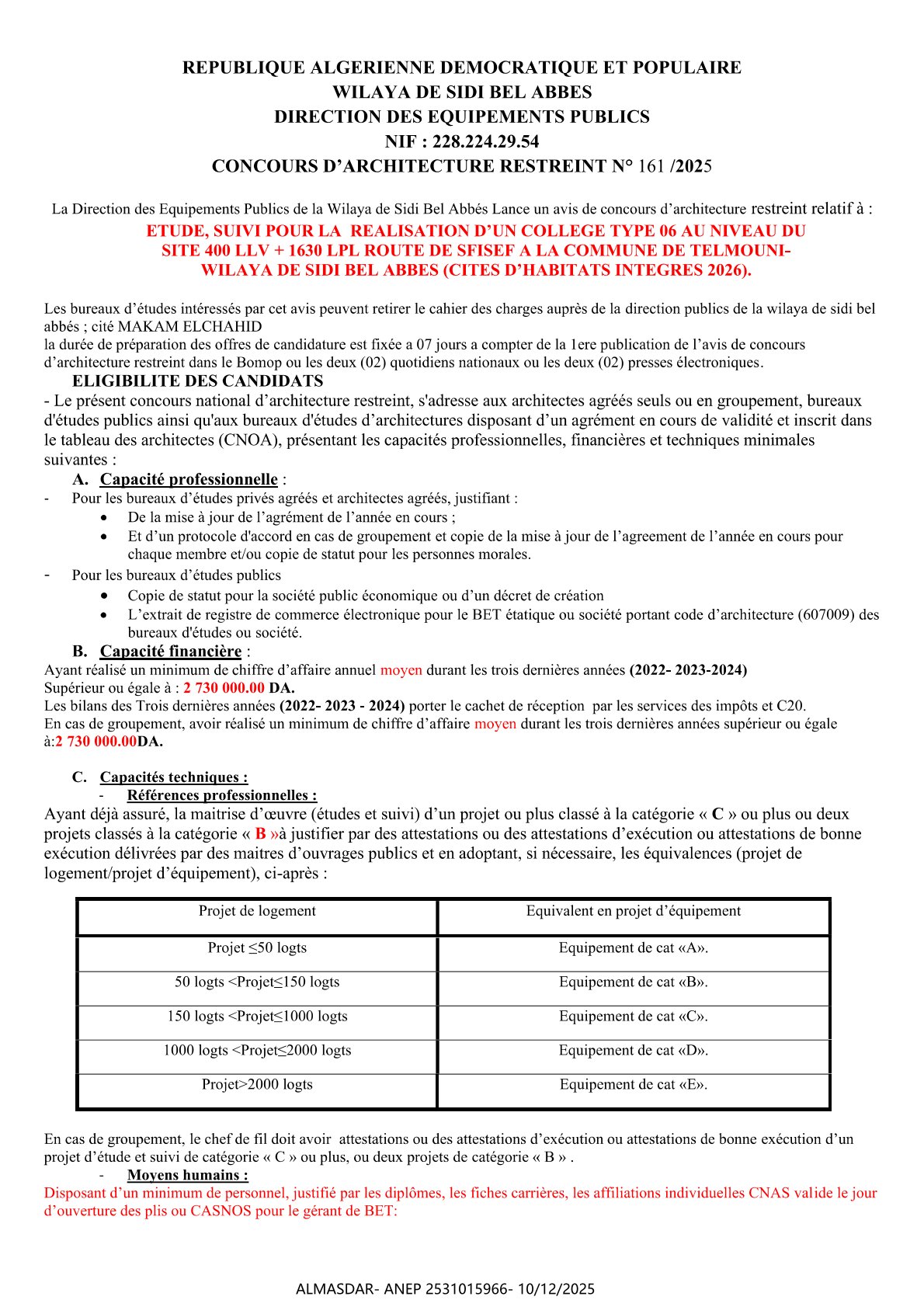 CONCOURS D'ARCHITECTURE RESTREINT N 161/2025Z