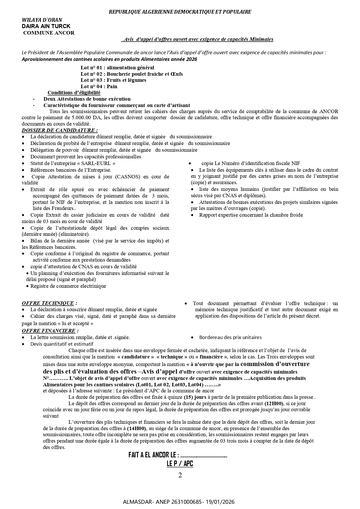 AVIS D'APPEL D'OFFRES OUVERT AVEC EXIGENCE DE CAPACITES MINIMALES***