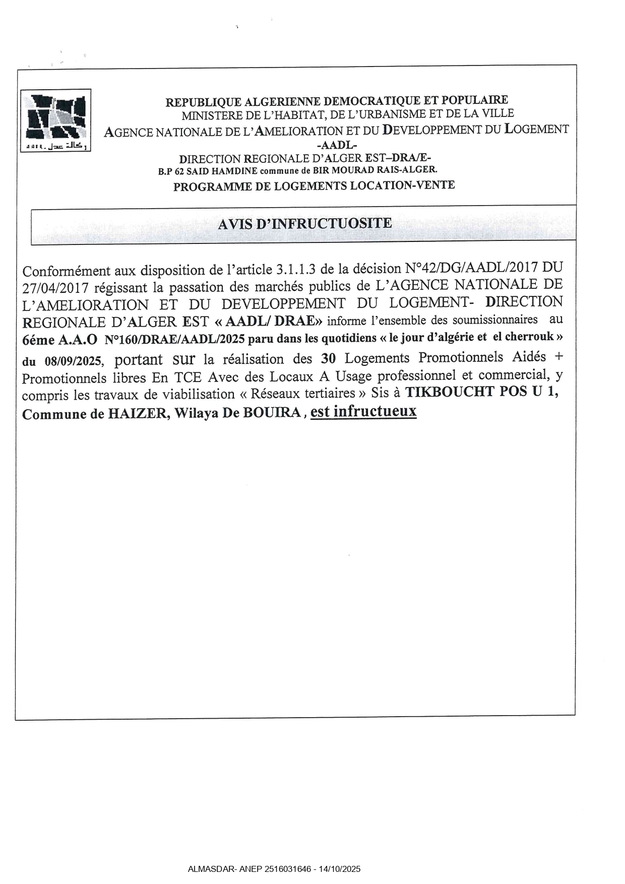 .avis d'infructuosite