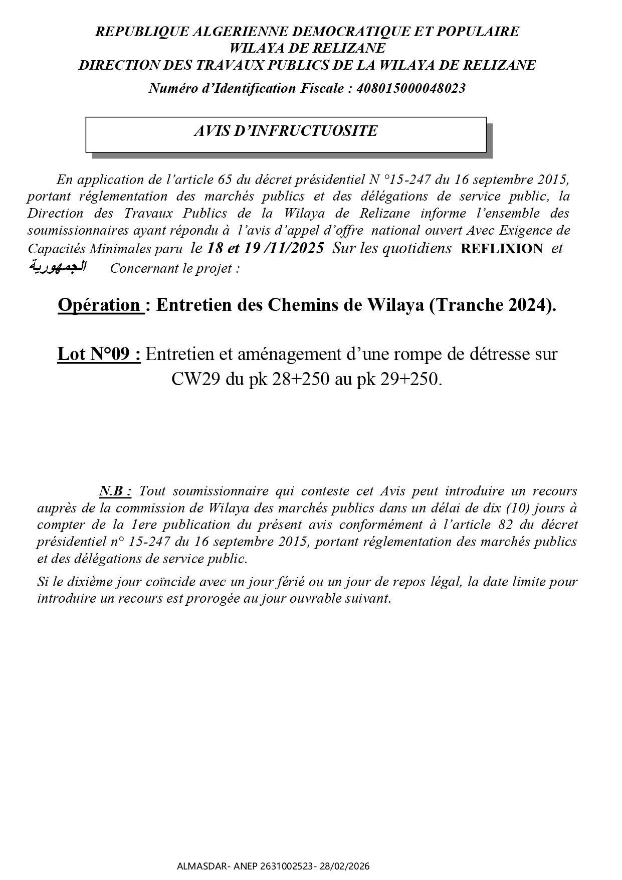 *-AVIS D’INFRUCTUOSITE 