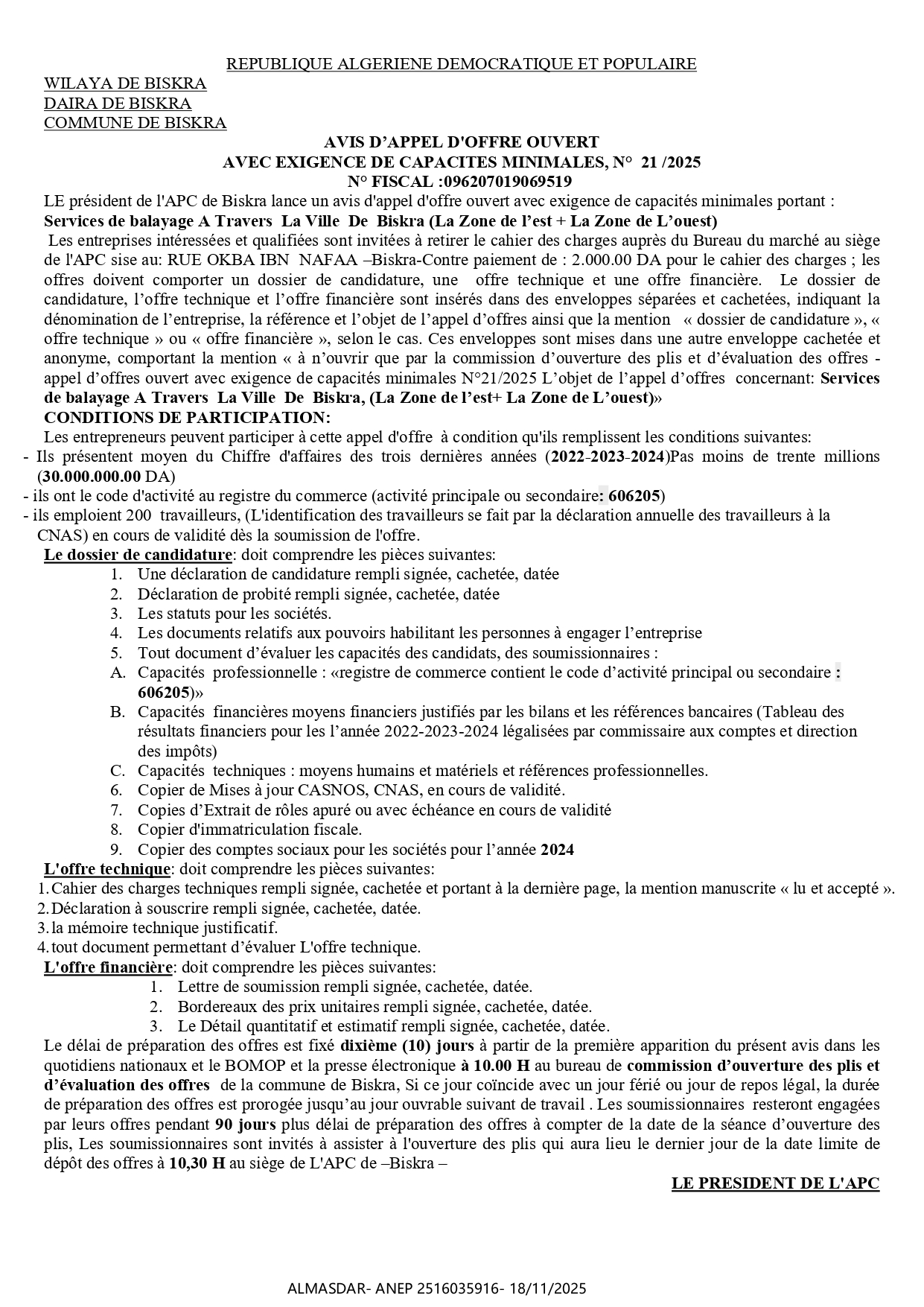 AVIS D’APPEL D'OFFRE OUVERT   AVEC EXIGENCE DE CAPACITES MINIMALES, N°  21 /2025 