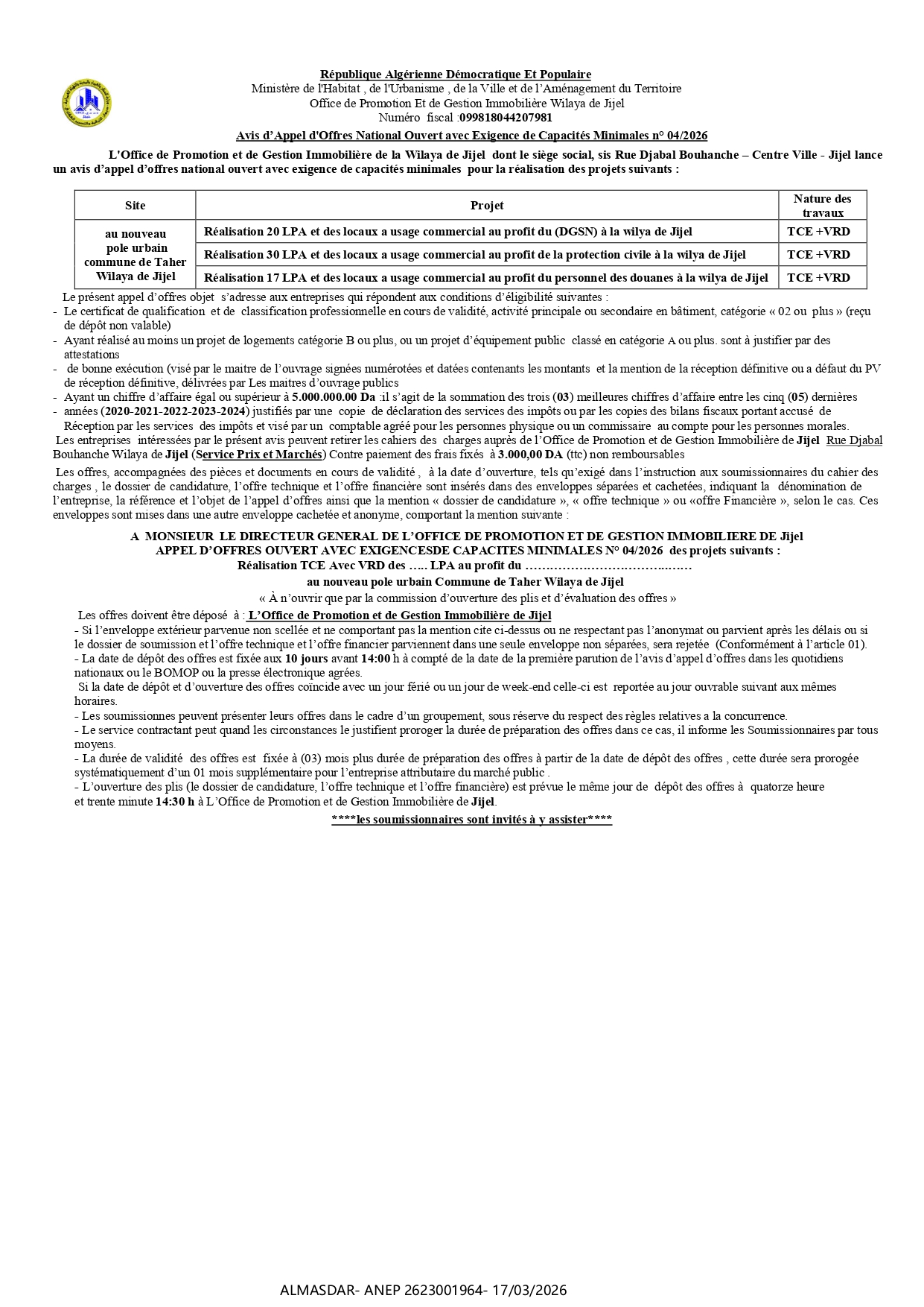 Avis d’Appel d'Offres National Ouvert avec Exigence de Capacités Minimales n° 04/2026 