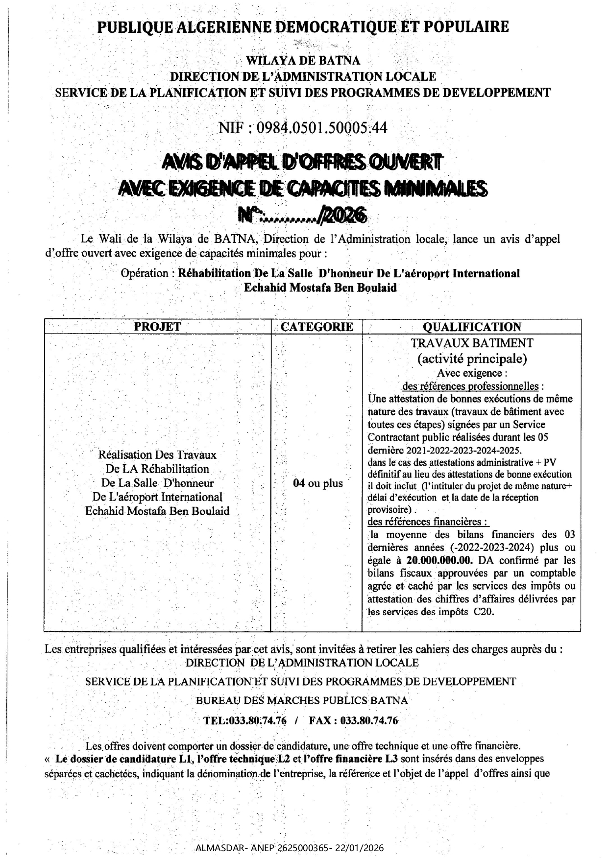 AVIS D'APPEL D'OFFRES OUVERT AVEC EXIGENCE DE CAPACITES MINIMALES */