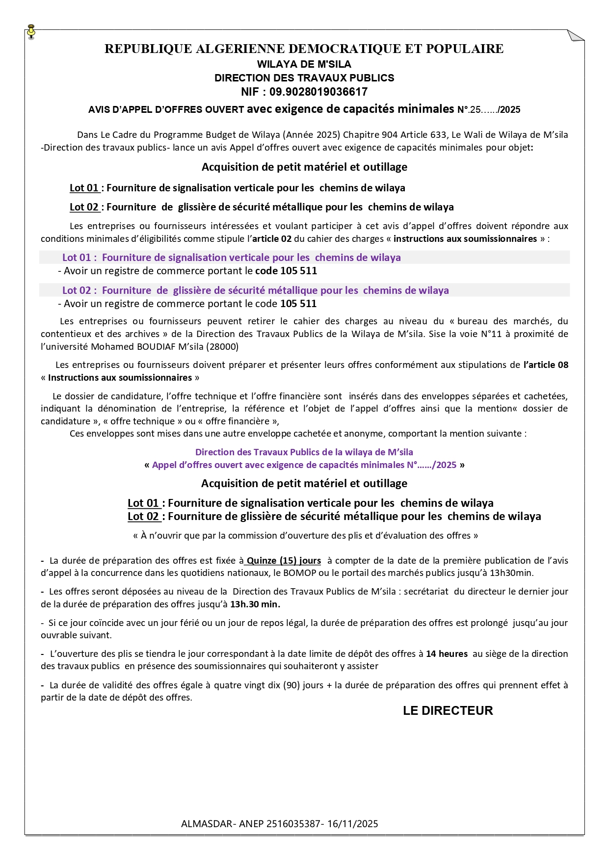 AVIS D’APPEL D’OFFRES OUVERT avec exigence de capacités minimales N°.25….../2025 