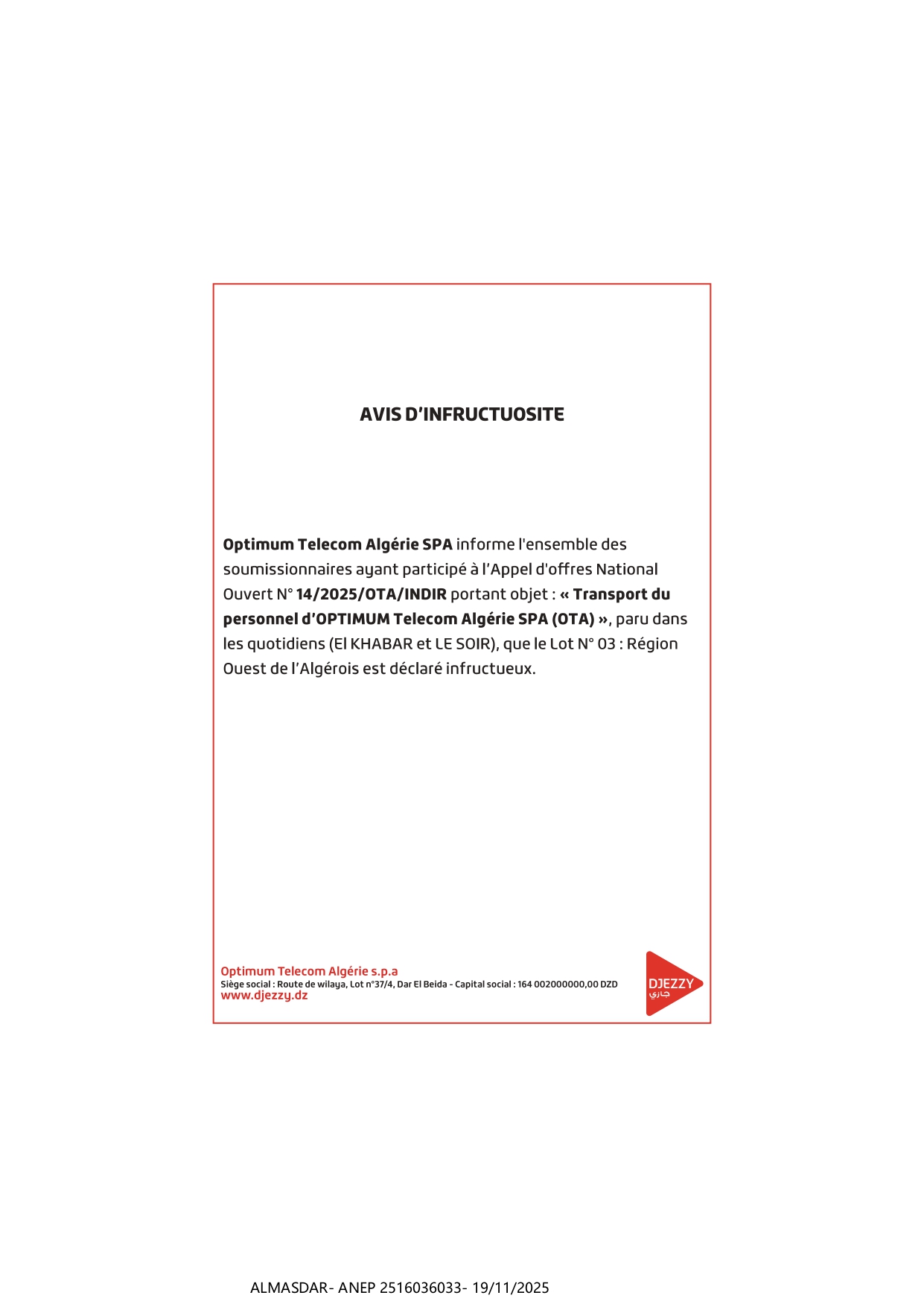 AVIS D'INFRUCTUOSITE..