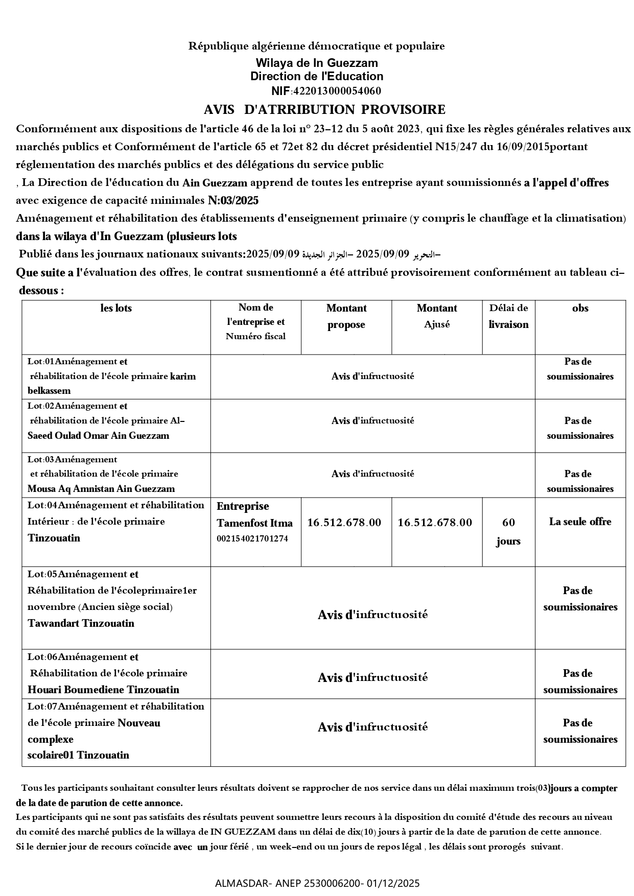  AVIS   D'ATRRIBUTION  PROVISOIRE