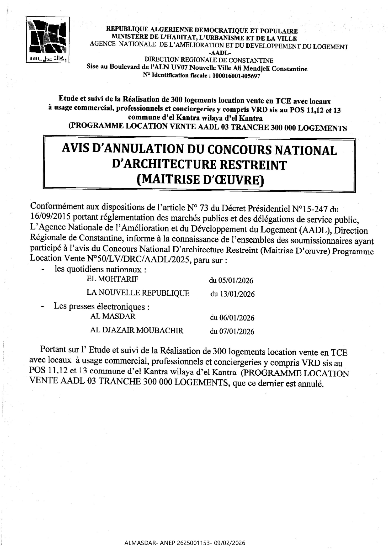 avis d'annulation du concours national d'architecture