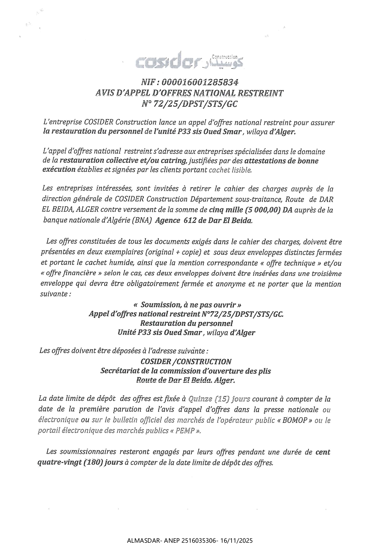 AVIS D'APPEL D'OFFRES NATIONAL RESTREINT N 25/72