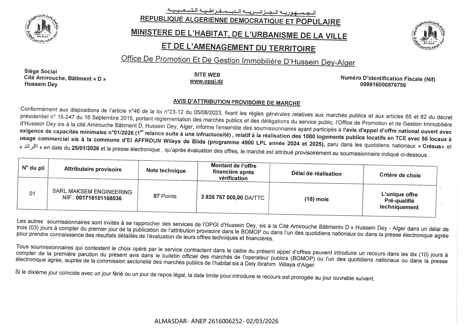 -avis d'attribution provisoire de marche