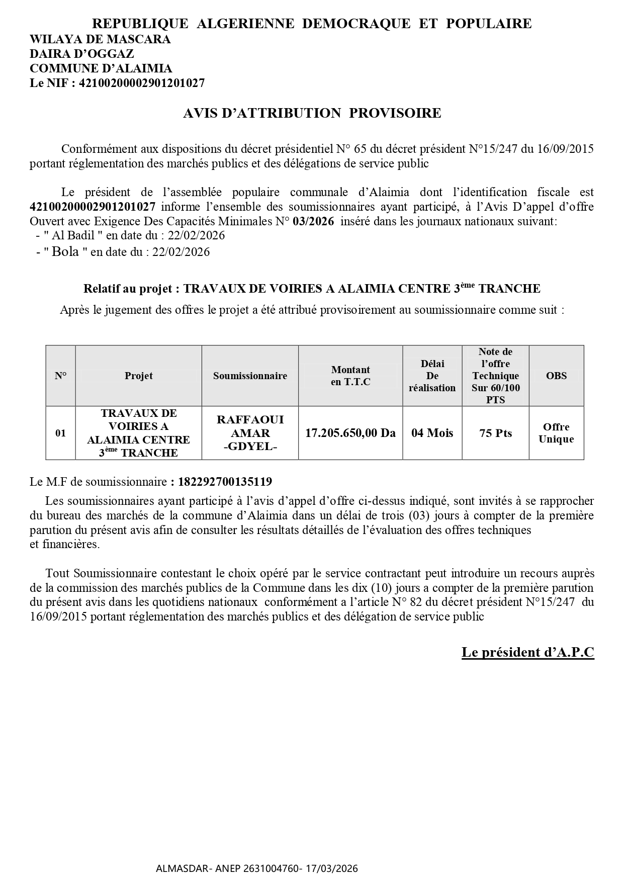 AVIS D’ATTRIBUTION  PROVISOIRE */*