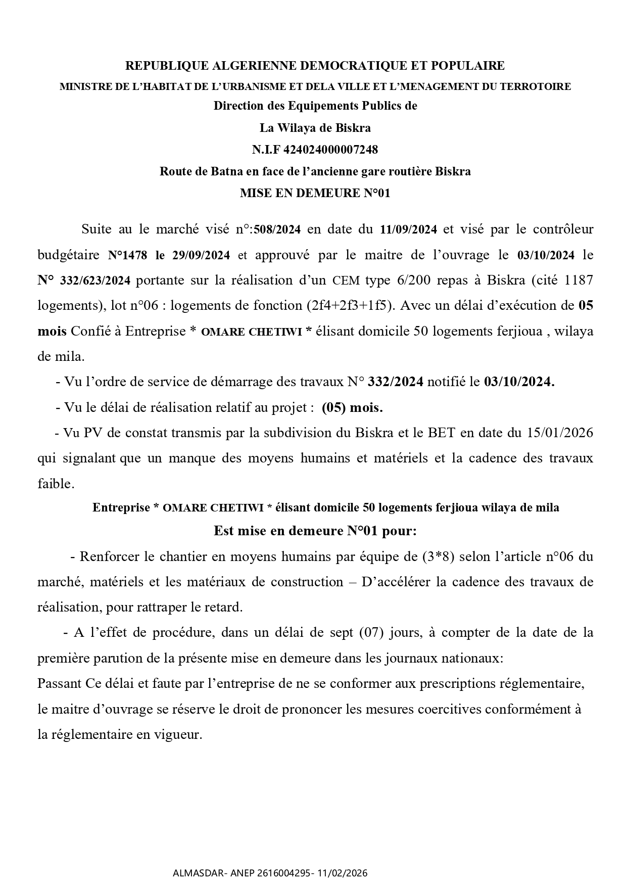 **MISE EN DEMEURE N°01 