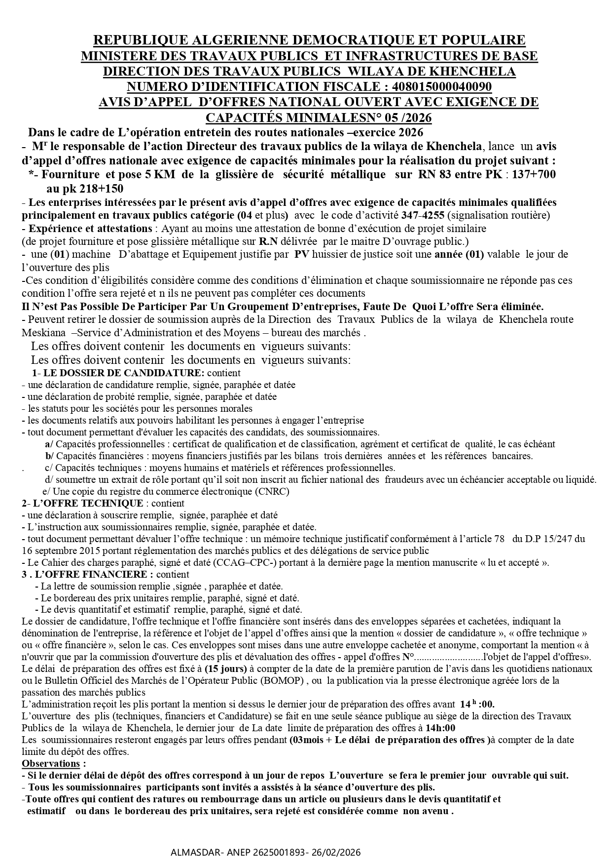 AVIS D’APPEL  D’OFFRES NATIONAL OUVERT AVEC EXIGENCE DE   CAPACITÉS MINIMALESN° 05 /2026 