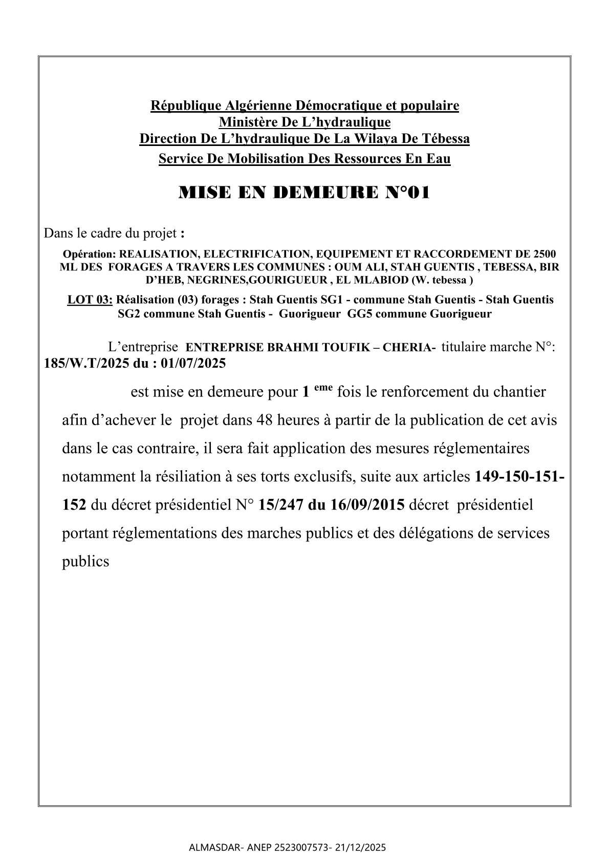 MISE EN DEMEURE N01-