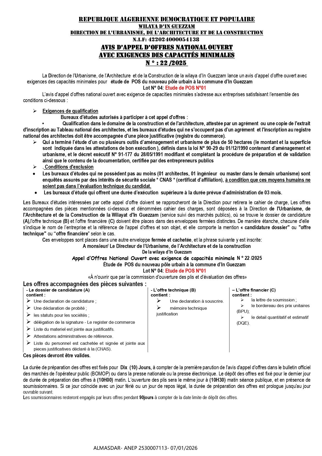 AvIS D’AppEL D’OffRES NATIONAL ouvert   avec exigences des capacités minimales  N ° : 22 /2025