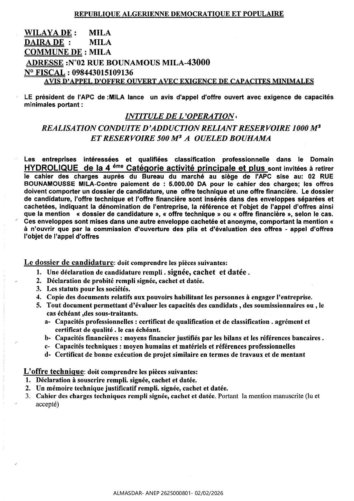 AVIS D'APPEL D'OFFRE OUVERT AVEC EXIGENCE DE CAPACITE MINIMALES /*/