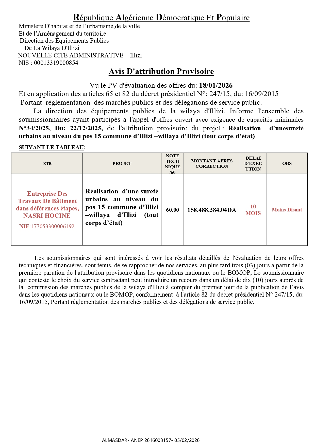 Avis D'attribution Provisoire  /*