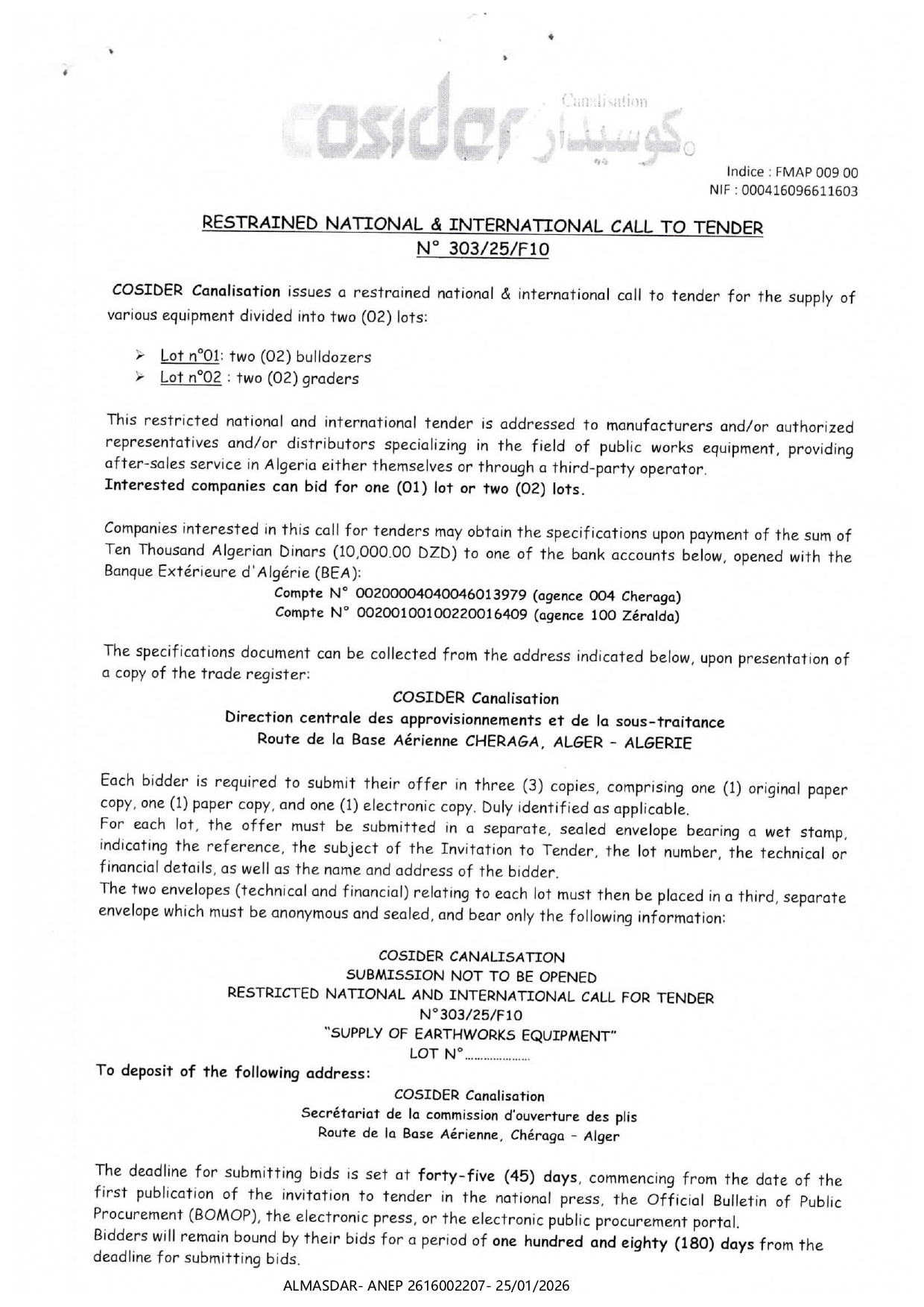 RESTRAINED NATIONAL ET INTERNATIONAL CALL TO TENDER N 303/25/F120