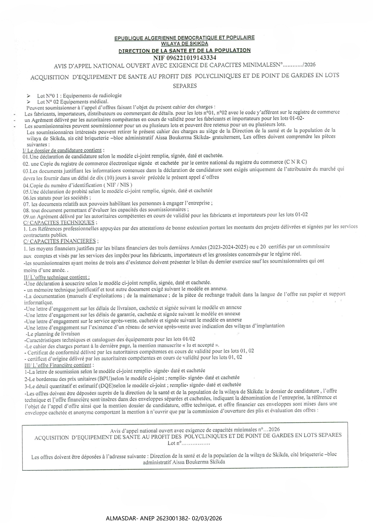 avis d'appel national ouvert avec exigence de capacites minimales ---