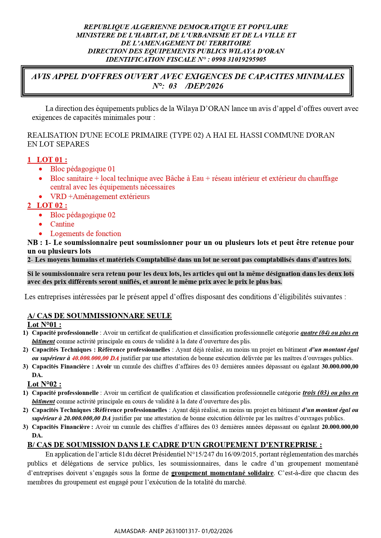 AVIS APPEL D'OFFRES OUVERT AVEC EXIGENCES DE CAPACITES MINIMALES  N°:  03    /DEP/2026 