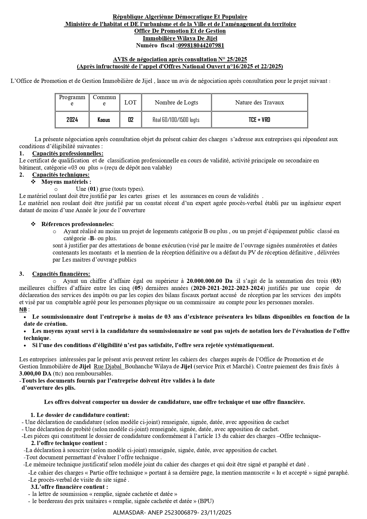 AVIS de négociation après consultation N° 25/2025  (Après infructuosité de l’appel d'Offres National Ouvert n°16/2025 et 22/2025) 