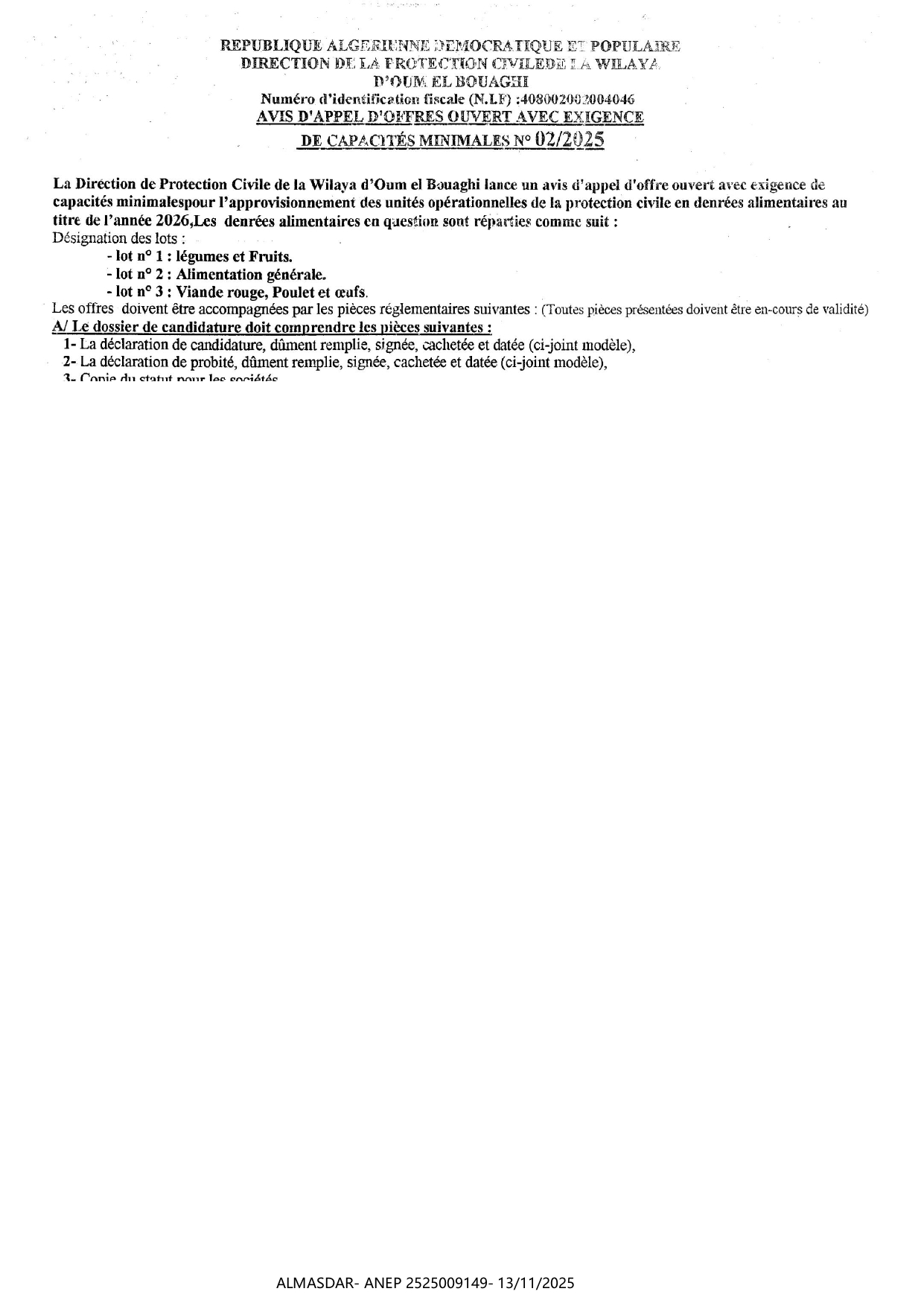 AVIS D'APPEL D'OFFRES OUVERT AVEC EXIGENCE DE CAPACITE MINIMALES N 2025/02