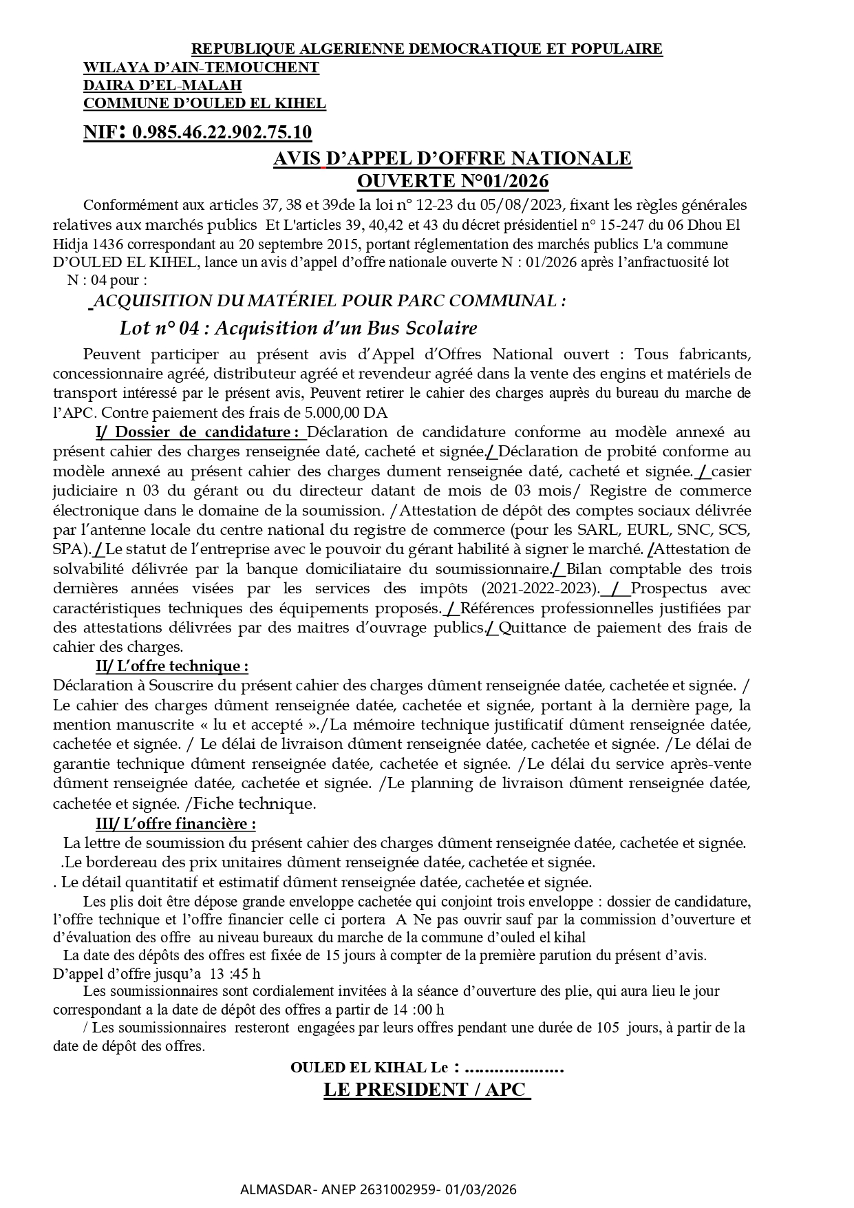 AVIS D’APPEL D’OFFRE NATIONAL OUVERT N°01/2026 