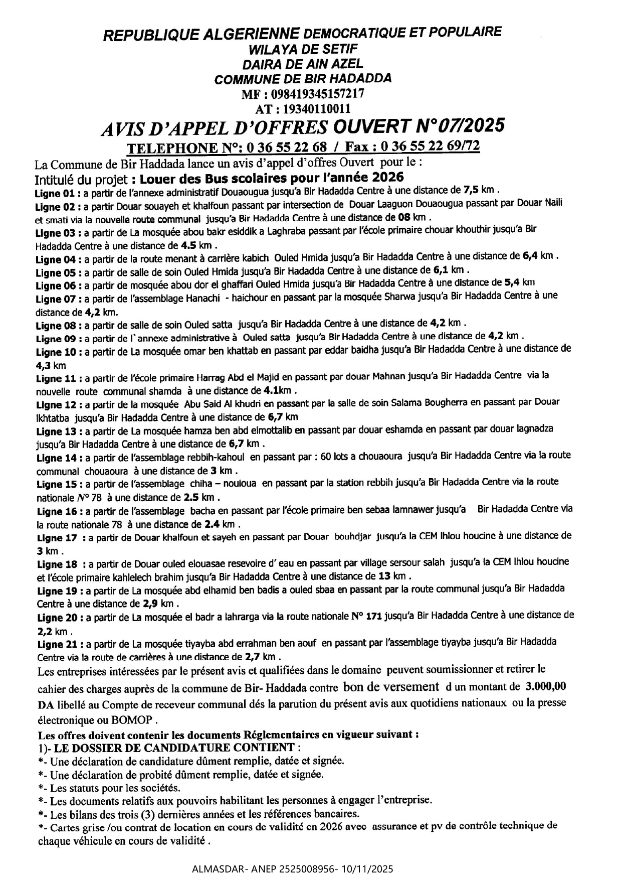 AVIS D'APPEL D'OFFRES OUVERT N 2025/7