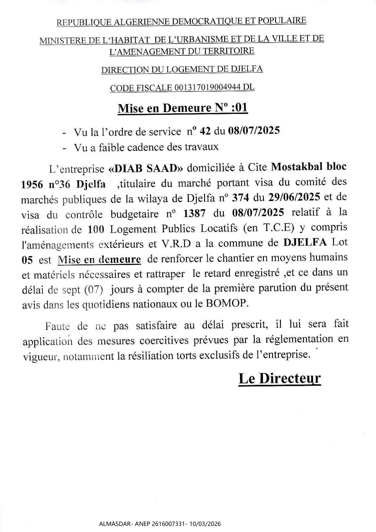 MISE EN DEMEURE N °01